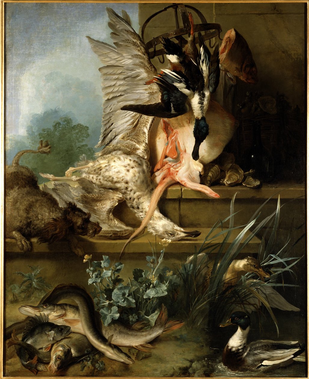 Stillleben mit einem Spaniel, der Enten jagt ("Wasser") tekijältä Jean-Baptiste Oudry