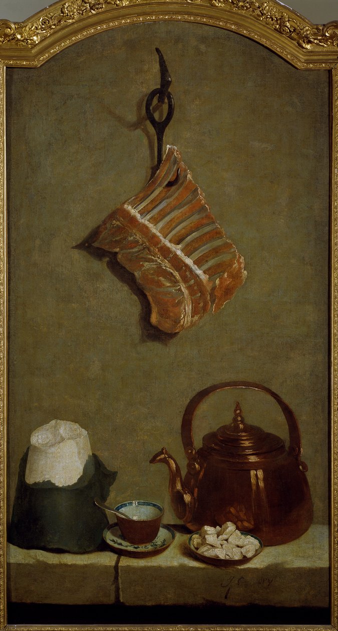 Jean-Baptiste Oudryn (1686-1755) asetelma, jossa on neljännes lihaa, sokerileipää, kuparinen kattila ja kuppi tekijältä Jean Baptiste Oudry