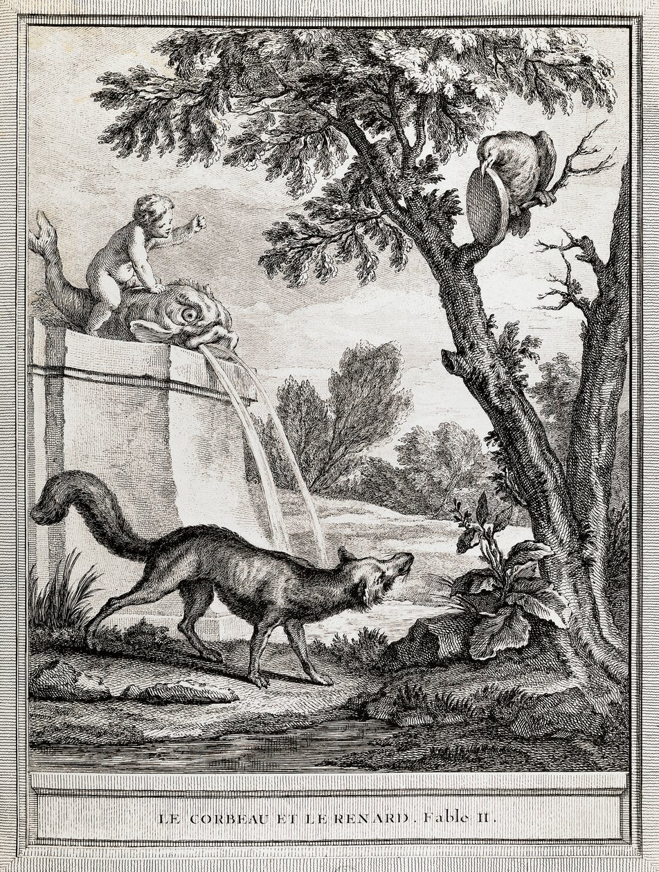 Varis ja kettu, kuvitus Jean-Baptiste Oudryn (1686-1755) Jean de La Fontainen (1621-1695) tarinaan tekijältä Jean Baptiste Oudry