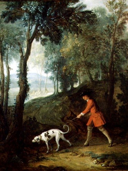 Metsästäjä ja tufteri hihnassa, n. 1727 (öljy kankaalle) tekijältä Jean Baptiste Oudry