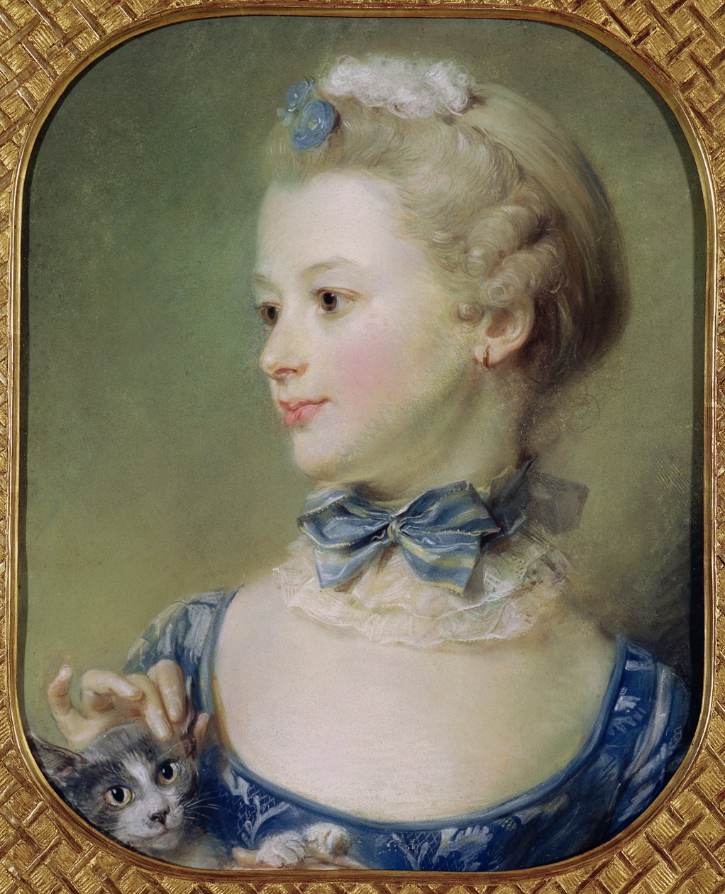 Nuori tyttö kissa kanssa (pastelli pergamentille) tekijältä Jean Baptiste Perronneau