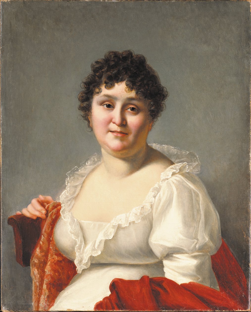 Madame Regnaultin muotokuva, rintakuva, valkoisessa mekossa ja kakihuivissa (öljy kankaalle) tekijältä Jean Baptiste Regnault