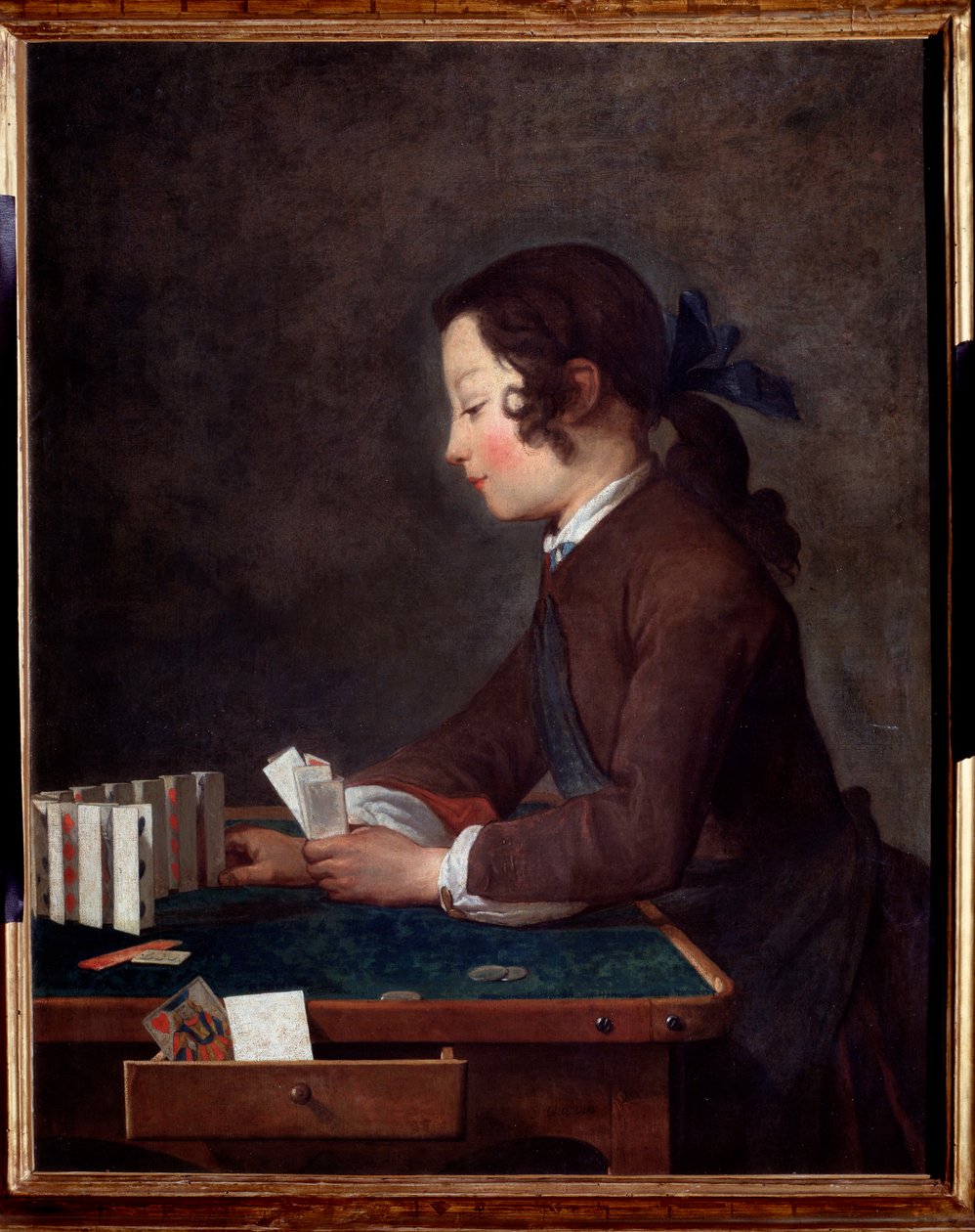 Nuori poika pelaa korttia Jean Baptisten maalaus tekijältä Jean Baptiste Simeon Chardin