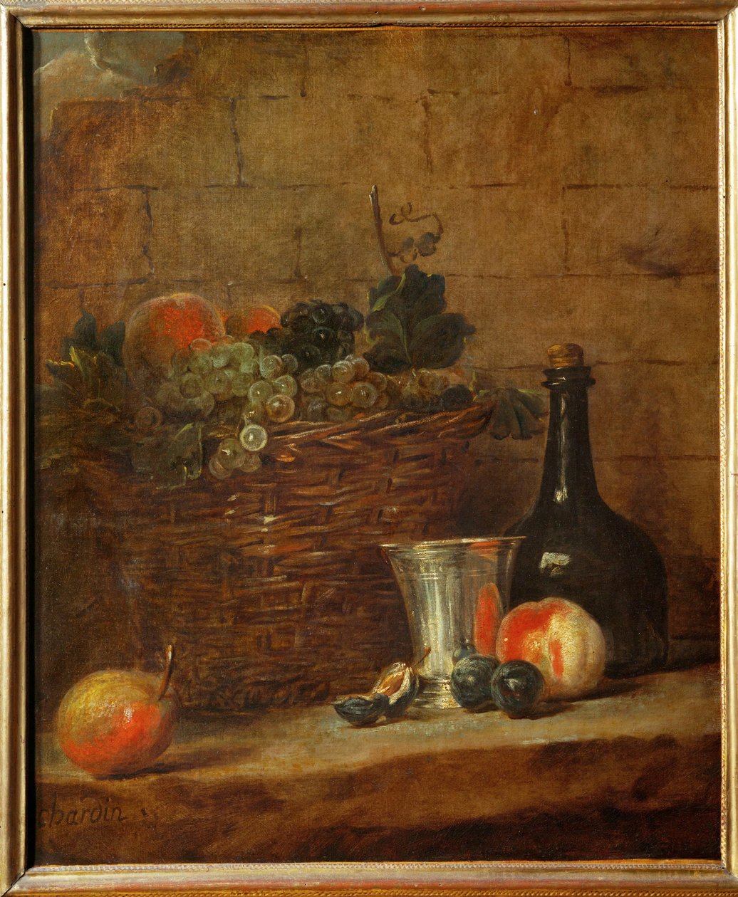 Hedelmäkori, jossa on viinirypäleitä, hopeinen pikari ja pullo, persikoita ... tekijältä Jean-Baptiste Simeon Chardin