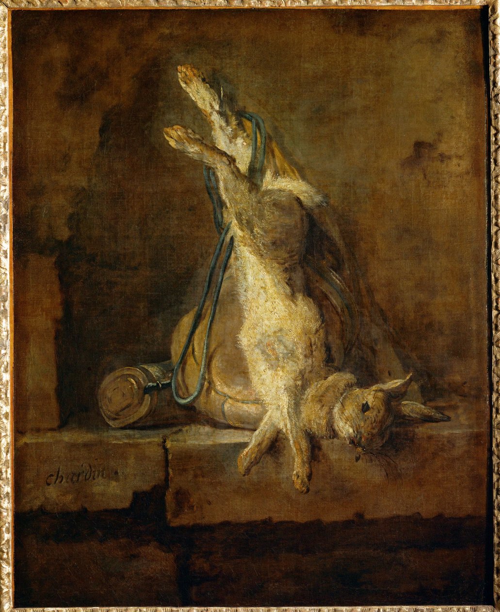Lapin de Garenne mort avec une gibeciere et une poire a poudre - kuollut jänis riistapussin ja ruutipullon kanssa ... tekijältä Jean Baptiste Simeon Chardin