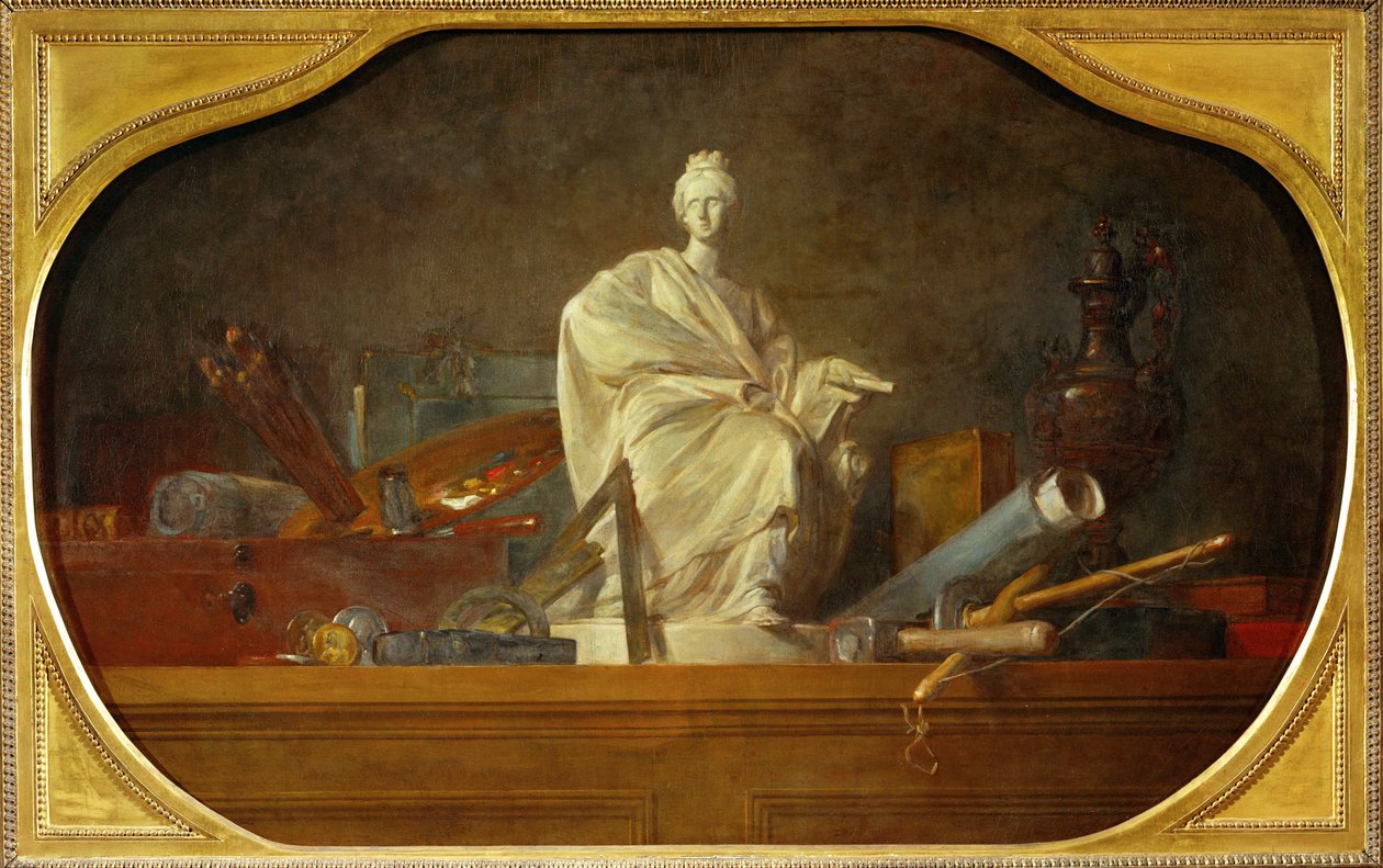 Les attributs des arts - taiteen attribuutit, 40-12-16/29, yksi kolmesta Chateau de Choisyn supraportiosta ... tekijältä Jean Baptiste Simeon Chardin