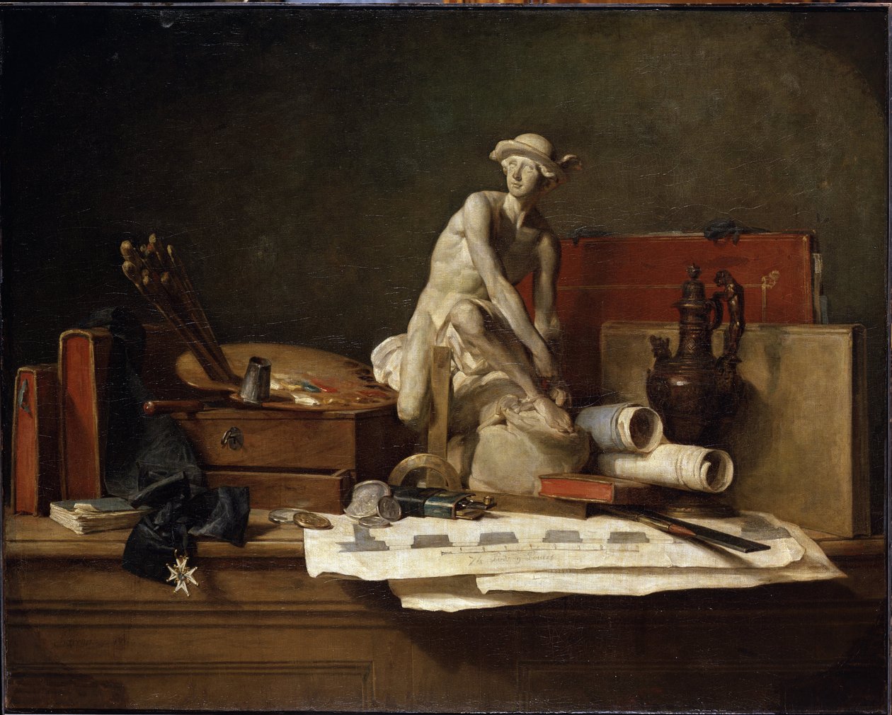 ""Asetelma taiteen ominaisuuksilla"" (Still Life with Attributes of the Arts) Merkuriuksen veistos, joka on peitetty petasuksella, taidemaalarin paletti, kirjoja. Jean Baptiste Simeon Chardinin (1699-1779) maalaus Mitat 112x140,5 cm Eremitaaši, Saint Peter tekijältä Jean Baptiste Simeon Chardin