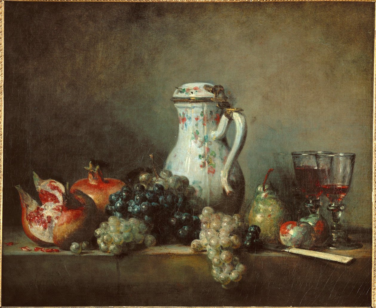 Viinirypäleet ja granaattiomenat -raisiinit ja granaattiomena ... tekijältä Jean-Baptiste Simeon Chardin