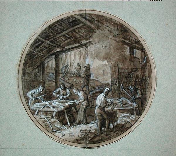 Puukenkävalmistajien työpaja, lautassuunnittelu eri ammatteja kuvaavalle palvelulle, n. 1820-35 (kynä & muste ja pesu ja guassi paperille) tekijältä Jean Charles Develly