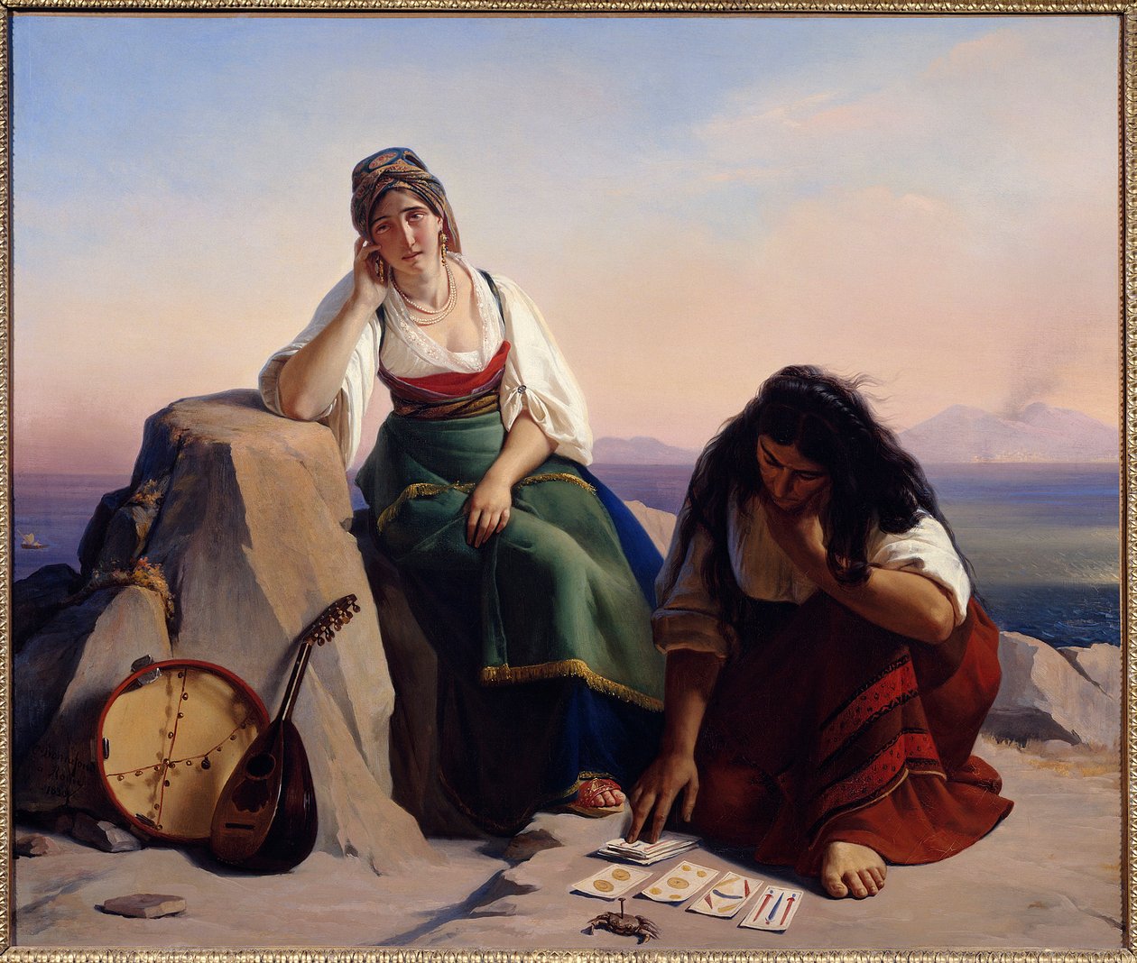 Noita vetää kortteja ischialaiselle tytölle tai ennustajalle. Claude Bonnefondin maalaus (1796-1860) tekijältä Jean Claude Bonnefond