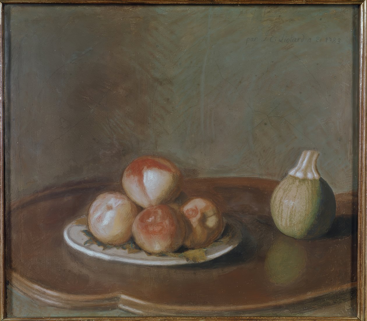 Asetelma persikoilla ja kurpitsalla tekijältä Jean-Étienne Liotard