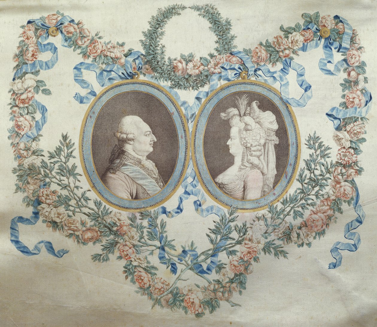 Louis XVI:ta (1754-93) ja Marie Antoinettea (1752-93) esittävän Bonbonnieren kansi, noin 1785 (painettu silkki). tekijältä Jean Francois Janinet