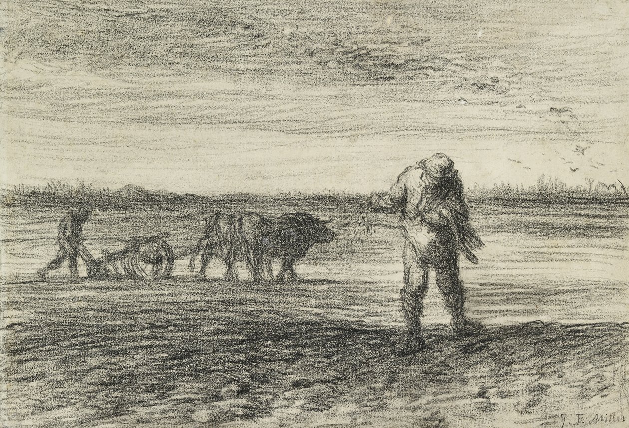 Mies kyntämässä ja toinen kylvö, 1849 - 1852 (musta värikynä kudospaperilla) tekijältä Jean Francois Millet