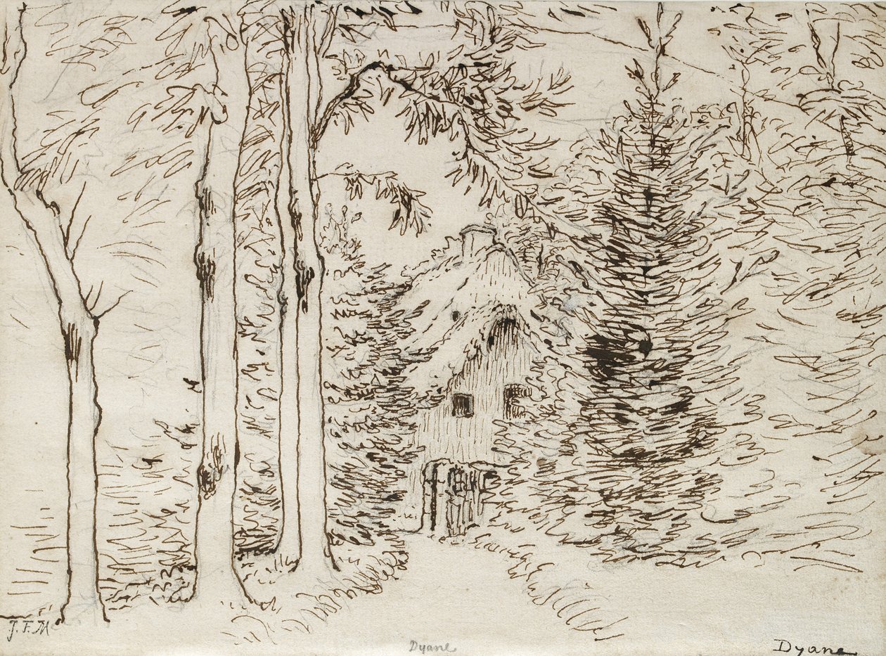 Polku metsän läpi olkikattoiseen taloon, 1866 (grafiitti, kynä ja ruskea muste paperille) tekijältä Jean Francois Millet