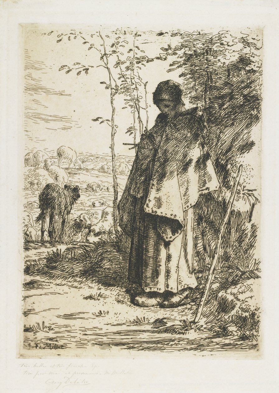 Paimentolaisnainen neulomassa, 1862 tekijältä Jean Francois Millet