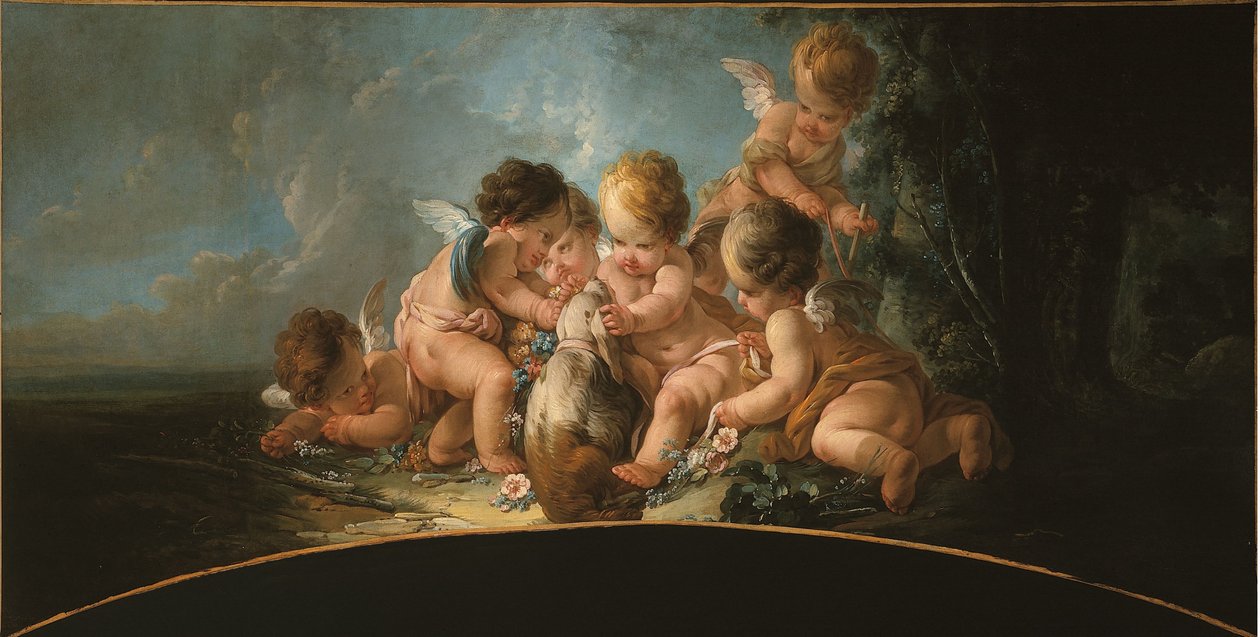 Kuuden rakastavaisen ryhmä leikkimässä koiran kanssa, noin 1761 (oven yläosa). tekijältä Jean Francois Clermont