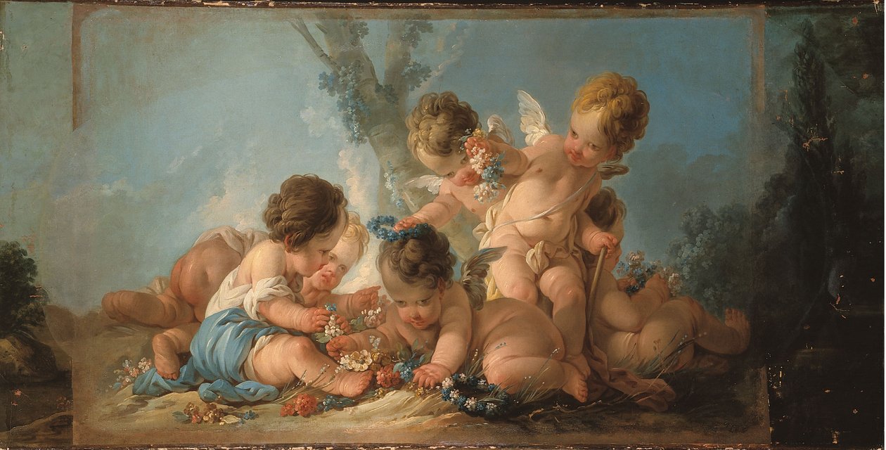Kuuden rakastavaisen ryhmä leikkimässä kukkien kanssa, noin 1761 (oven yläosa) tekijältä Jean Francois Clermont