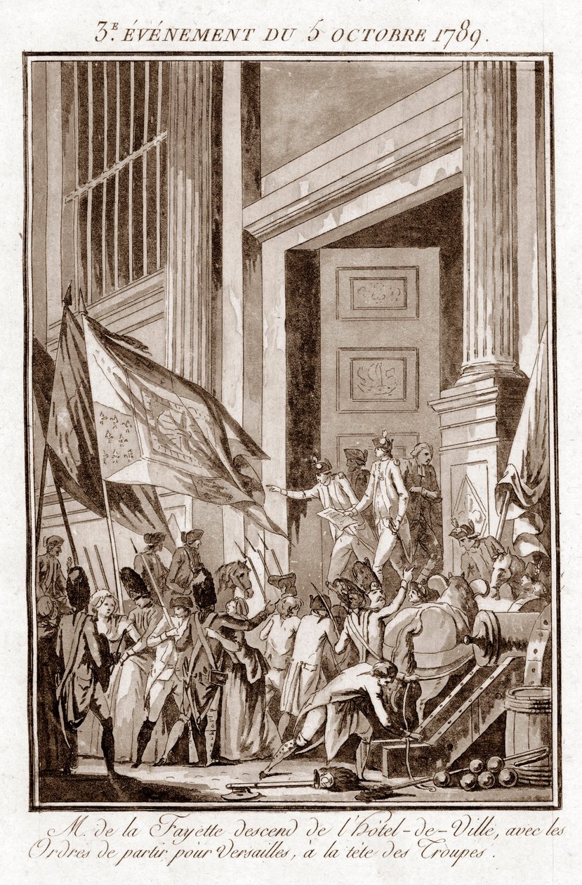 Ranskan vallankumous – La Fayette poistui Pariisin kaupungintalosta Versaillesiin, 5. lokakuuta tekijältä Jean Francois Janinet