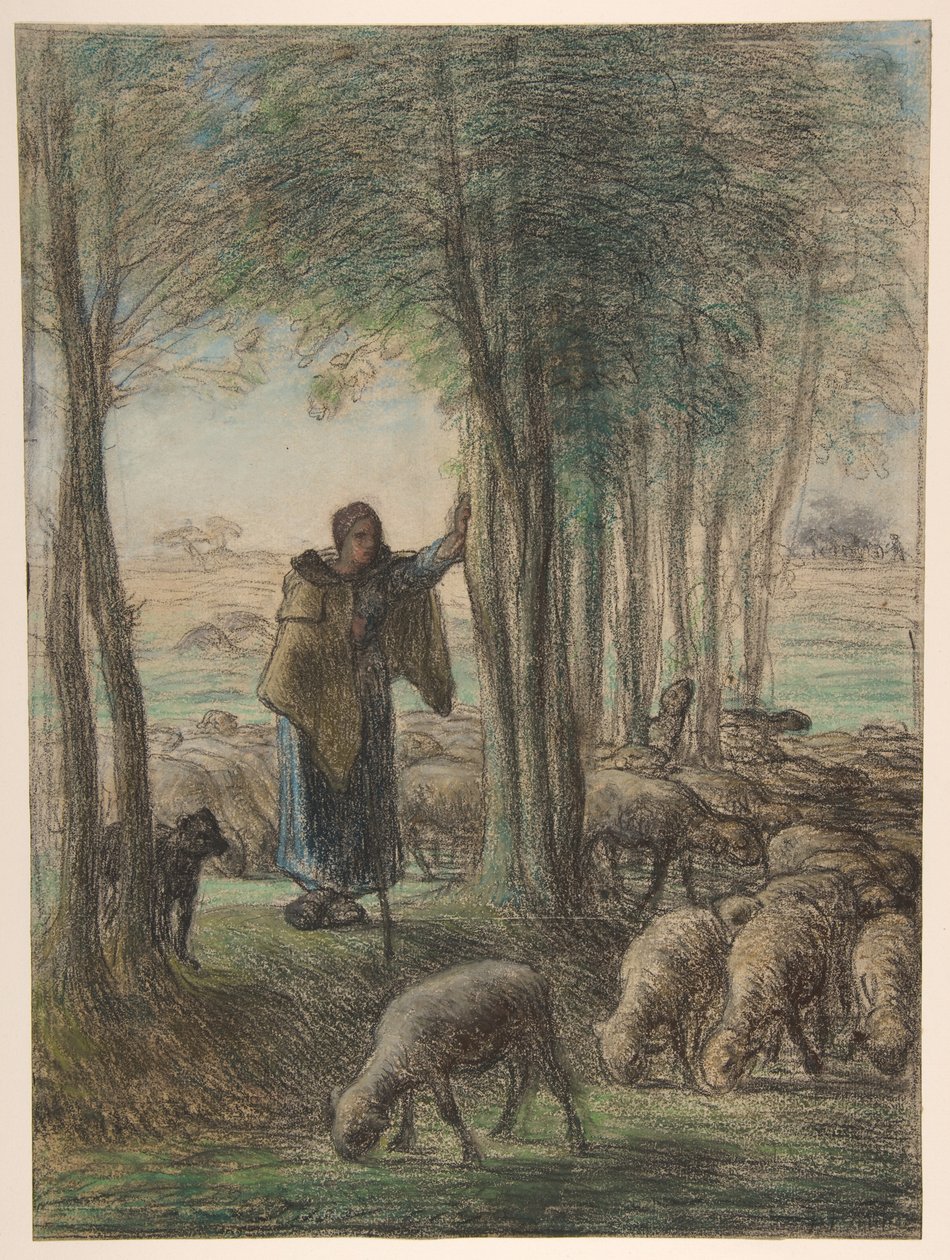 Eine Schäferin und ihre Herde im Schatten der Bäume tekijältä Jean-Francois Millet