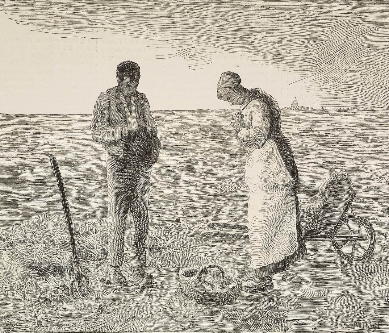 Angelus, maanviljelijäpari pelloilla, kaiverrus Jean-Francois Milletin (1814-1875), ranskalaisen taidemaalarin, maalauksesta L