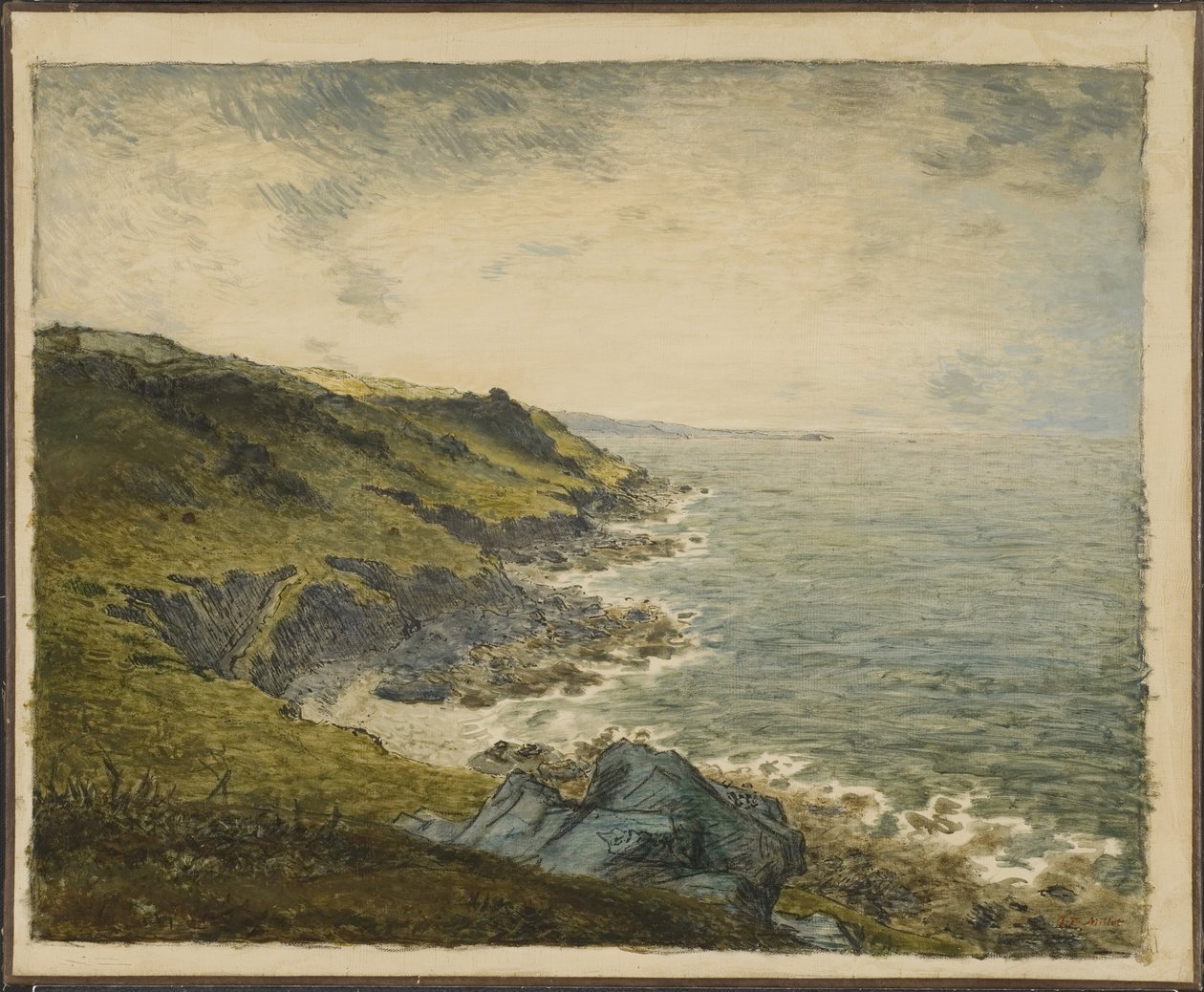 La cote a Greville (Greville Hague) - Grevillen rannikko, kirjoittanut Millet, Jean Francois (1814-1875). Öljy kankaalle. Mitat: 60 x 73 cm. Tukholman kansallismuseo tekijältä Jean Francois Millet
