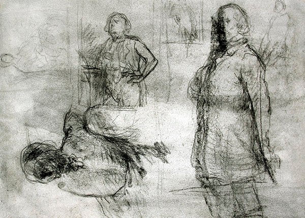 Les Lavandieres (mustakynä, värikynä, tussi ja muste paperille) (musta conte, värikynä, tussi ja muste paperille) tekijältä Jean Francois Millet