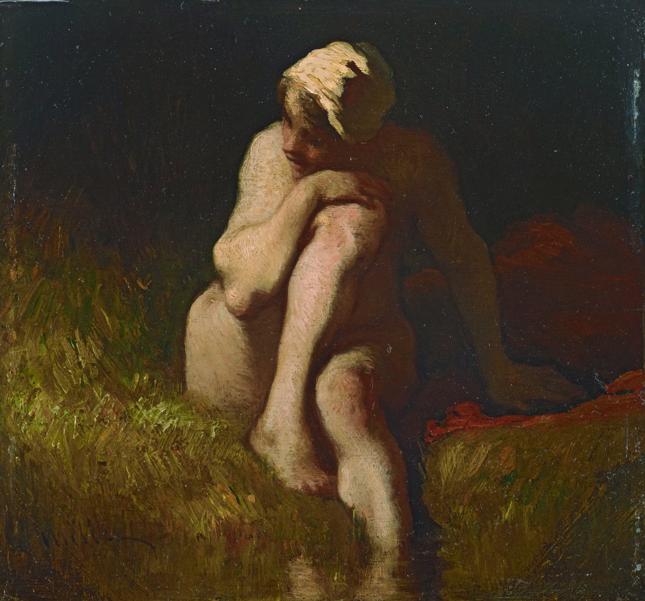 Nacktes Bauernmädchen an der Böschung eines Baches sitzend tekijältä Jean-Francois Millet