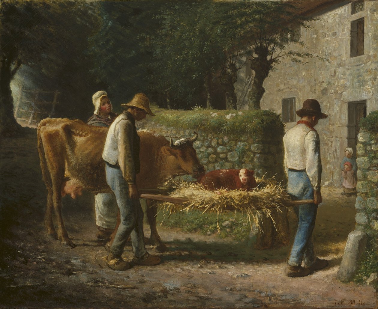 Talonpojat tuomassa kotiin pelloilla syntyneen vasikan, 1864 tekijältä Jean Francois Millet