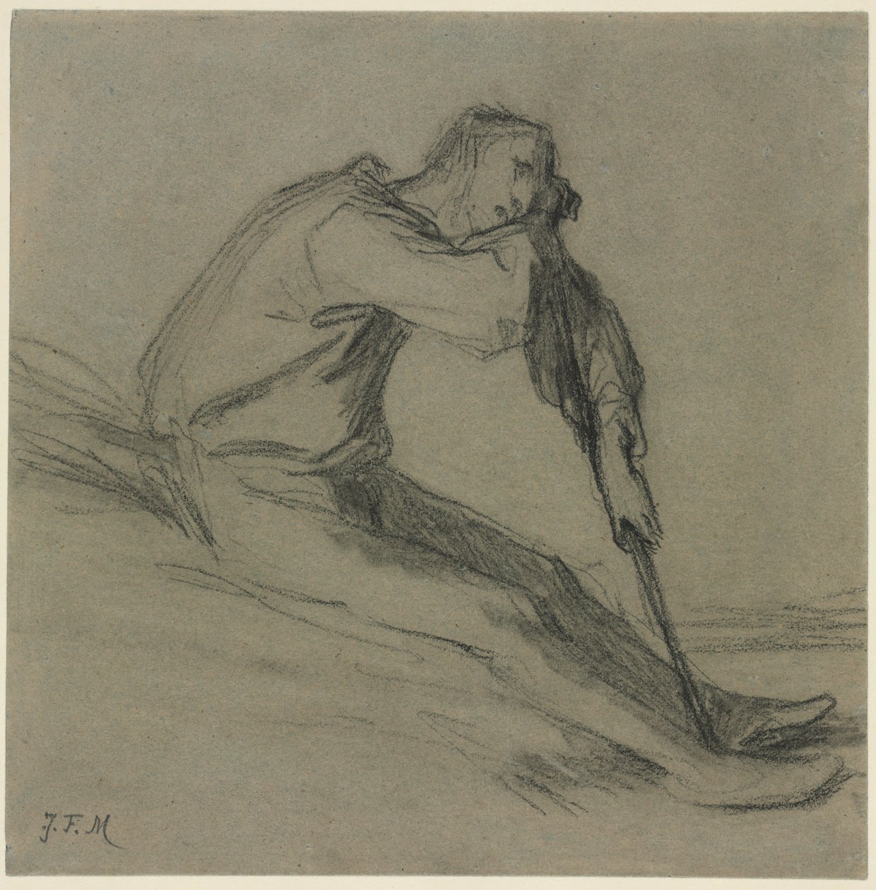 aIstuva talonpoika, joka lepää kuokalla tekijältä Jean-Francois Millet