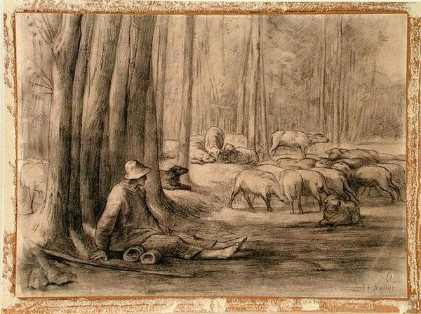 Juomapaikka metsässä (musta liitu paperille) tekijältä Jean Francois Millet
