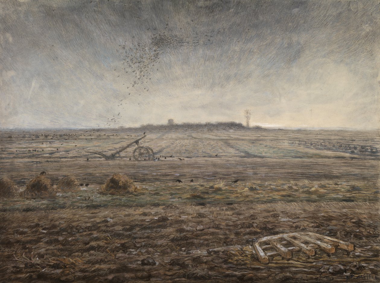 Winter, The Plain of Chaillyn, n. 1862-66 (pastelli paperille) tekijältä Jean Francois Millet