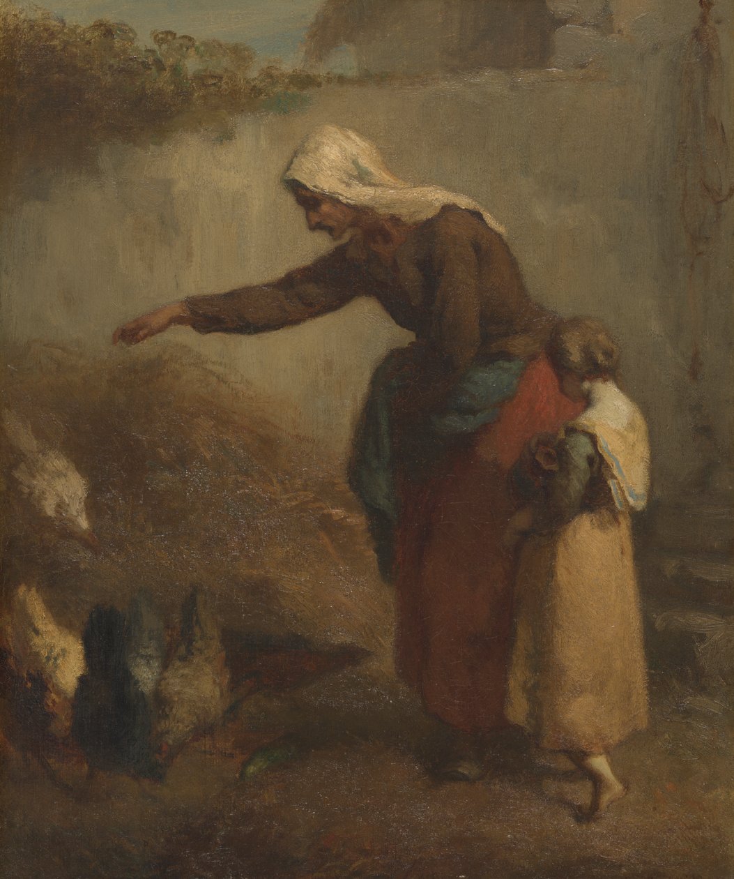 Nainen ruokkii kanoja tekijältä Jean-Francois Millet