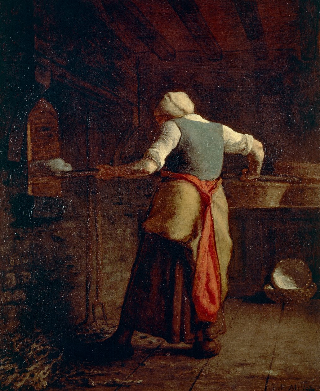 Nainen leipomassa leipää (Femme cuisant the pain), kirjoittanut Jean-Francois Millet (1814-1875), 55x46 cm. tekijältä Jean Francois Millet