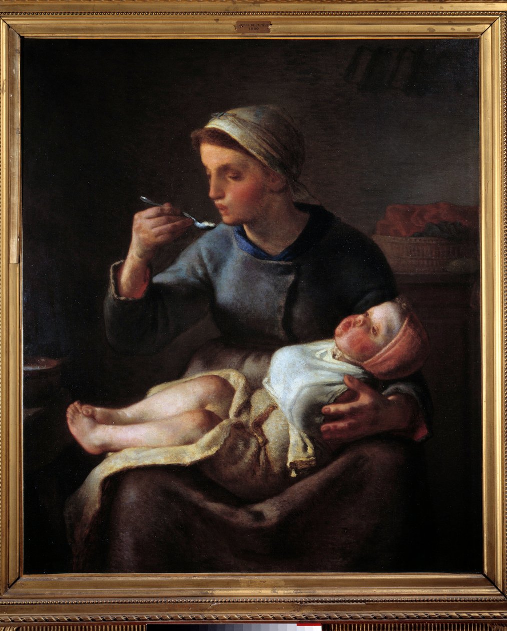 Nainen laittaa lapsensa syömään. Jean Francois Milletin (1814-1875) maalaus tekijältä Jean Francois Millet