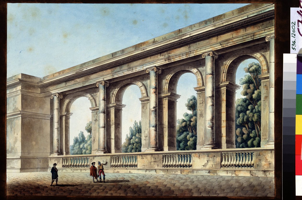 Näkymä kaarevalle gallerialle. Jean Francois Thomas de Thomonin (1754-1813) maalaus. Akvarelli ja muste paperille, 38,4 x 52,8 cm tekijältä Jean François Thomas de Thomon