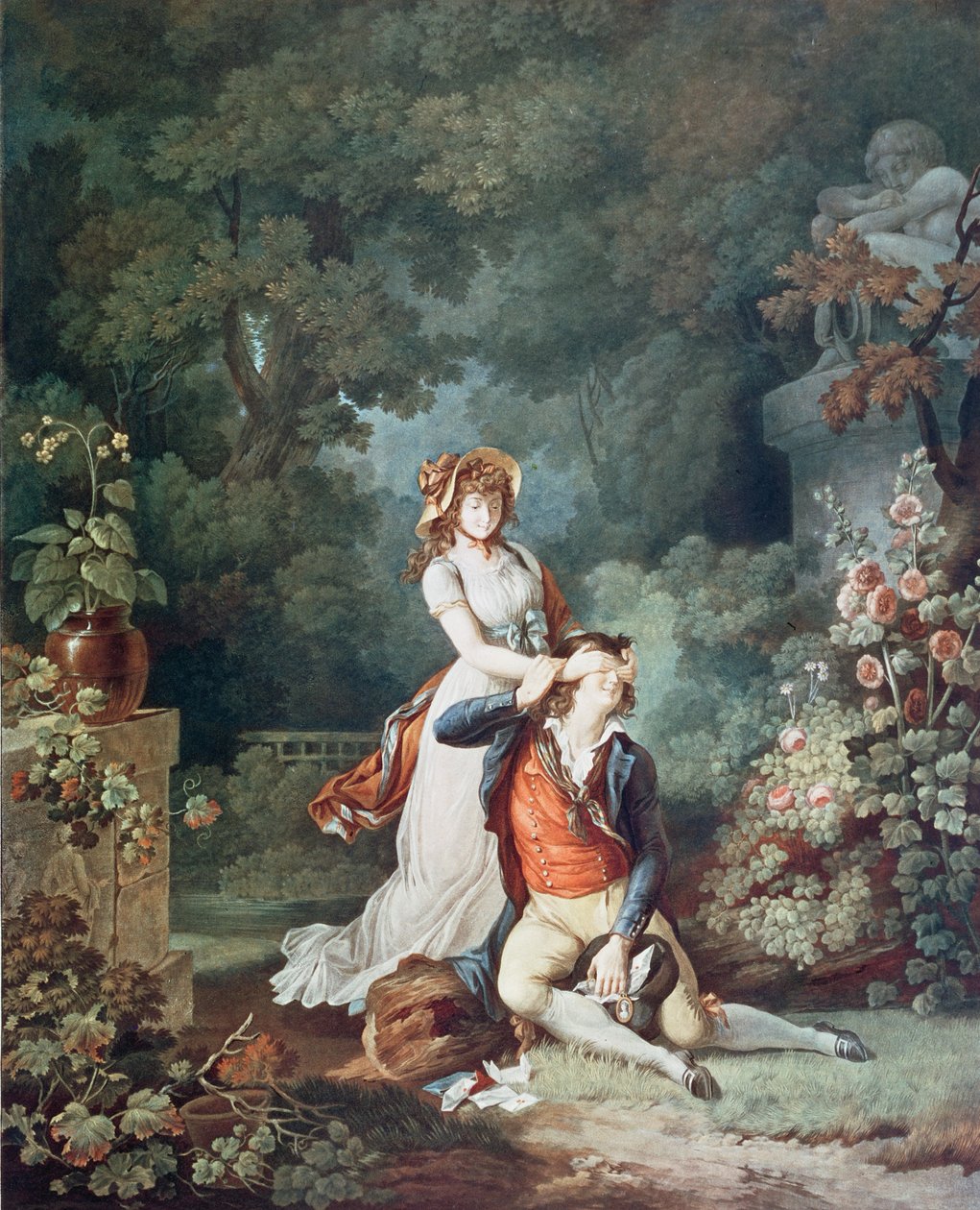 The Lover Surprised, kaiverrus Charles Melchior Descourtis (1753-1820) (värikaiverrus) tekijältä Jean Frederic (after) Schall