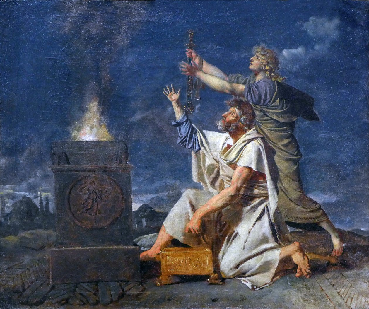 Nuori roomalainen soturi isänsä seurassa pyytää jumalilta aseidensa menestystä, n. 1780 (öljy kankaalle) tekijältä Jean Germain Drouais