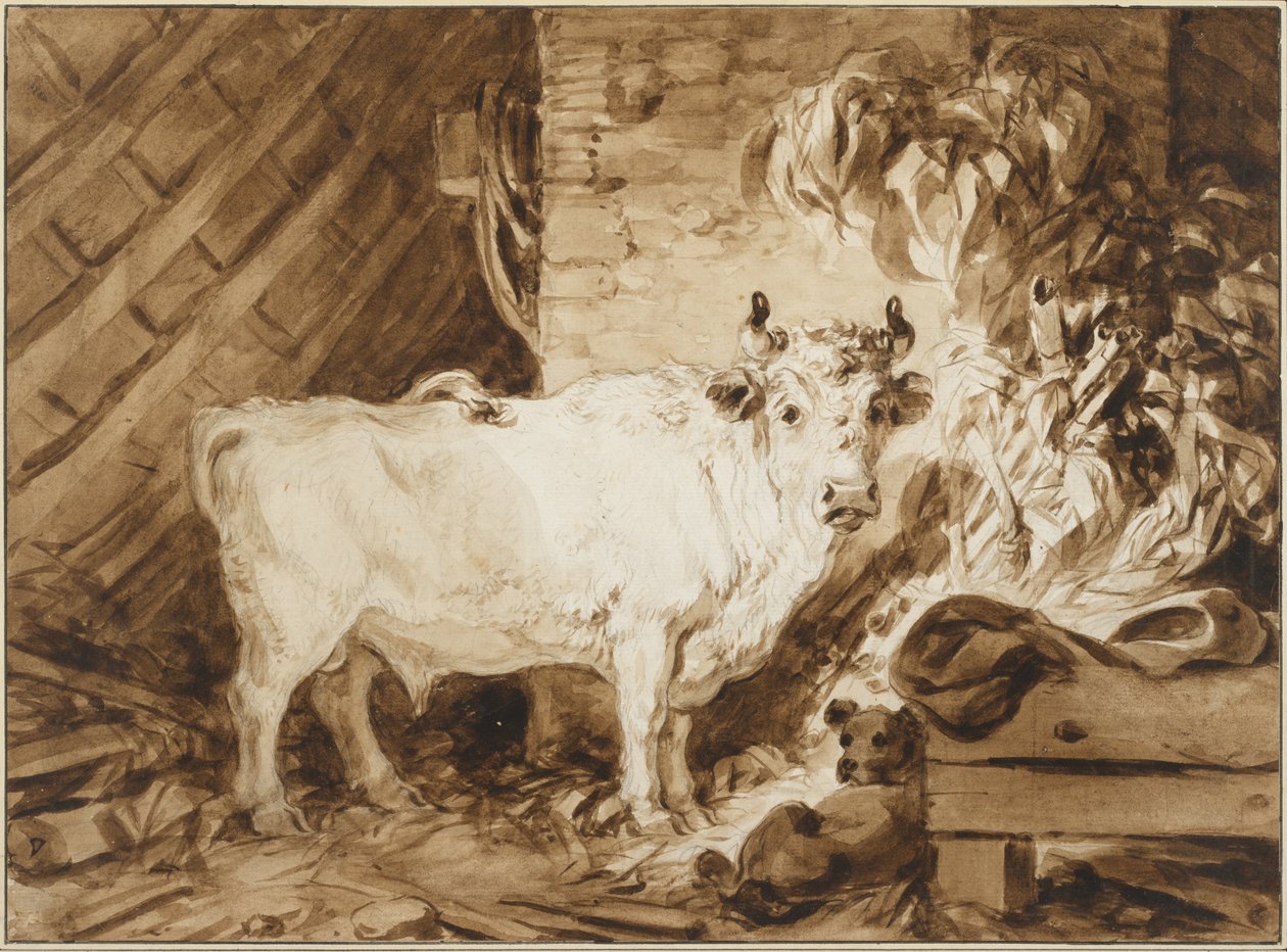 Valkoinen härkä ja koira tallissa tekijältä Jean Honore Fragonard