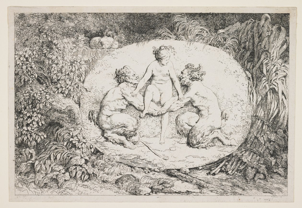 Nymfi laskeutumassa kahden satyyrin käsivarsille, 1763 tekijältä Jean Honore Fragonard