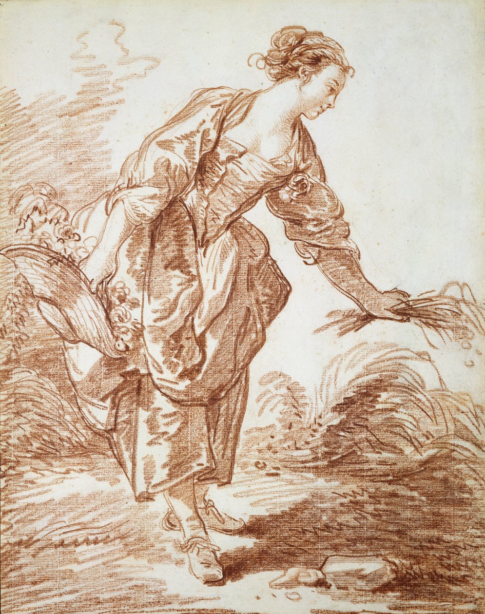 La Jardiniere (punainen liitu paperille) tekijältä Jean Honore Fragonard