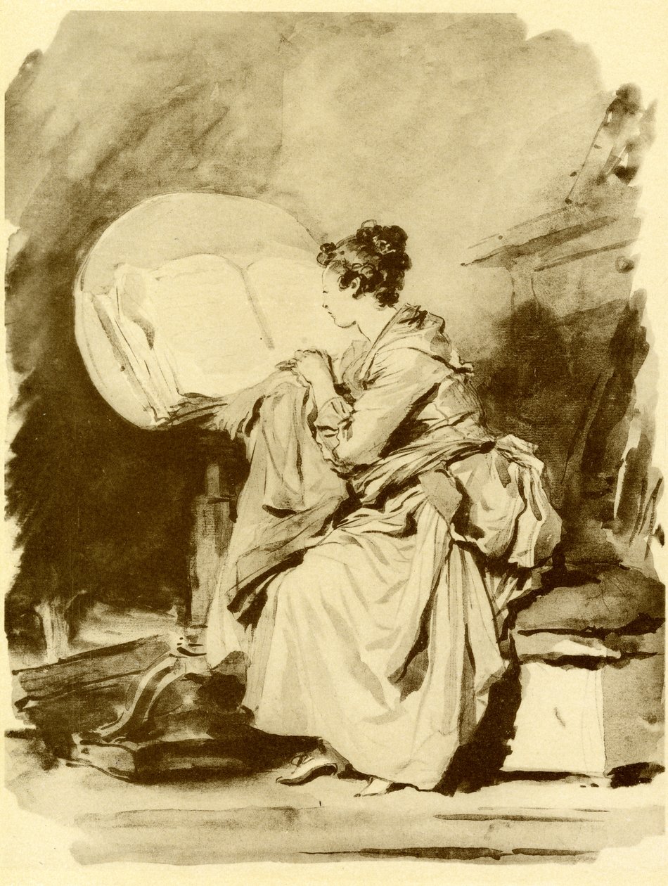 Lukeva tyttö istuu taitettavalla pöydällä tekijältä Jean Honore Fragonard
