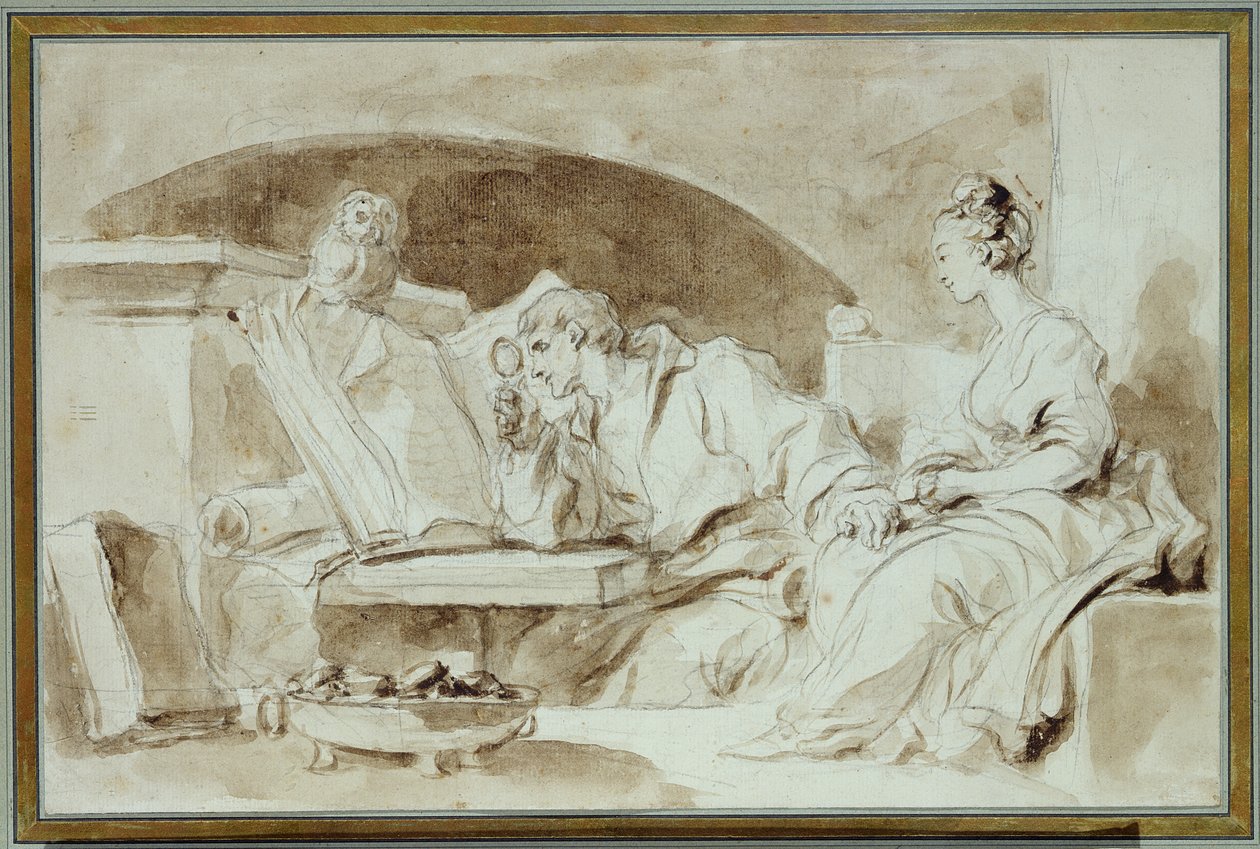 Nuori nainen neuvoo nekromantia (seepianpesu paperille) tekijältä Jean Honore Fragonard