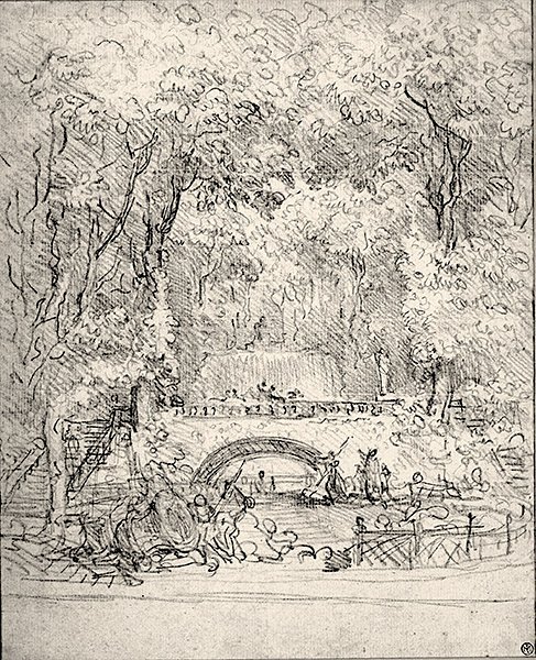 Kaskadi puutarhassa (liitu paperille) tekijältä Jean Honore Fragonard