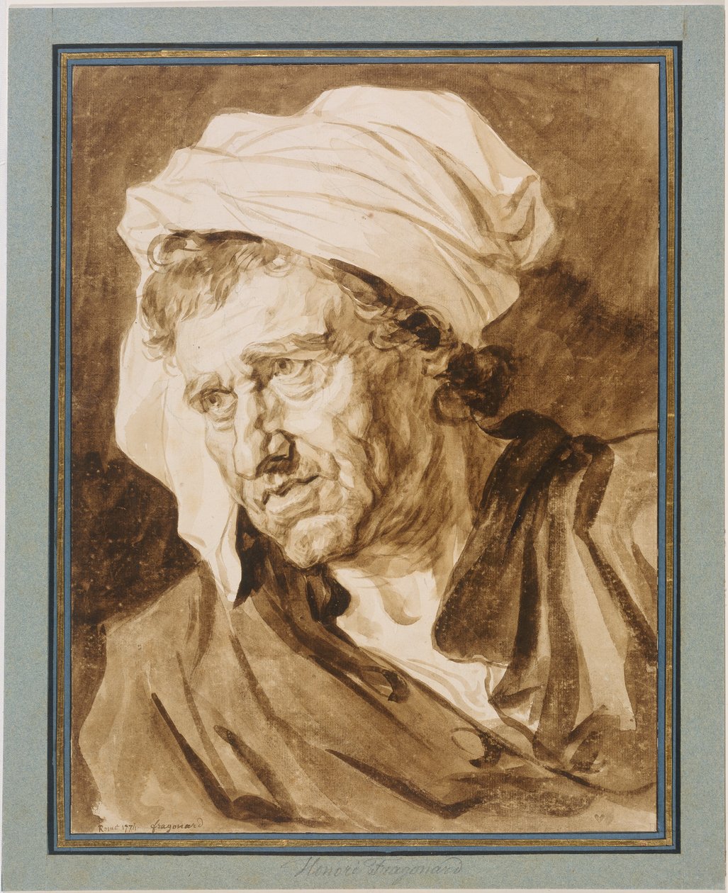 Kopf eines Mannes mit weißem Turban tekijältä Jean-Honore Fragonard