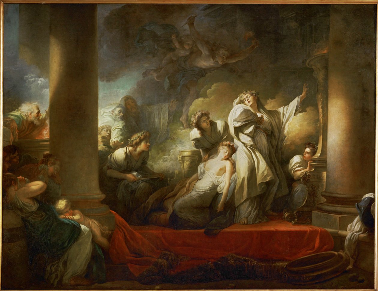 Le grand pretre Coresus se sacrifie pour sauver Callirhoe - suuri pappi Coresus uhrautuu pelastaakseen Callirhoen ... tekijältä Jean Honore Fragonard