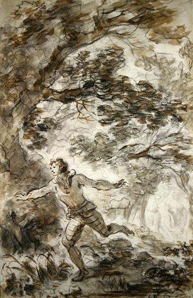Ruggiero etsii Angelicaa, joka on tehnyt itsensä näkymättömäksi (kynä ja muste, liitu ja pesu paperille) tekijältä Jean Honore Fragonard