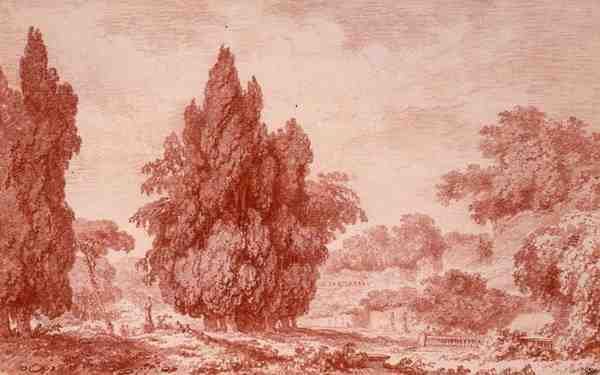 Näkymä puistoon (punainen liitu paperille) tekijältä Jean Honore Fragonard
