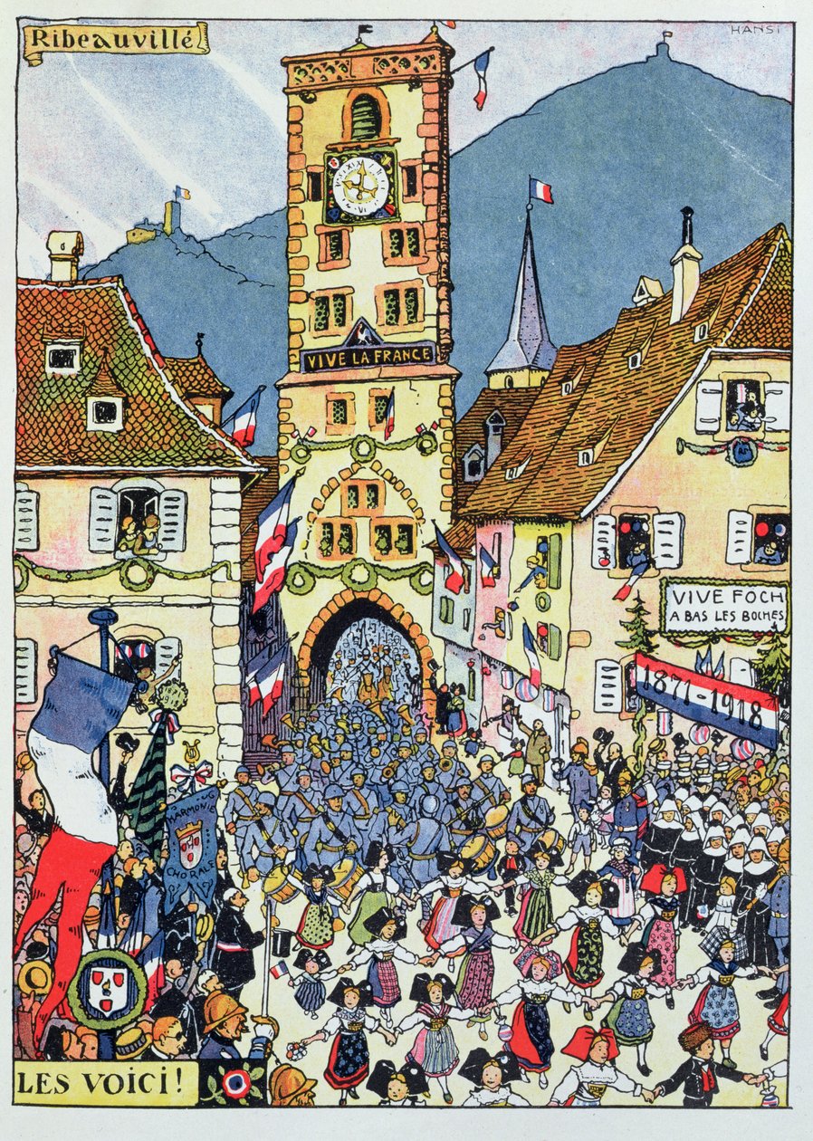 Ranskan joukkojen saapuminen Ribeauvilleen, Alsace tekijältä Jean Jacques Waltz