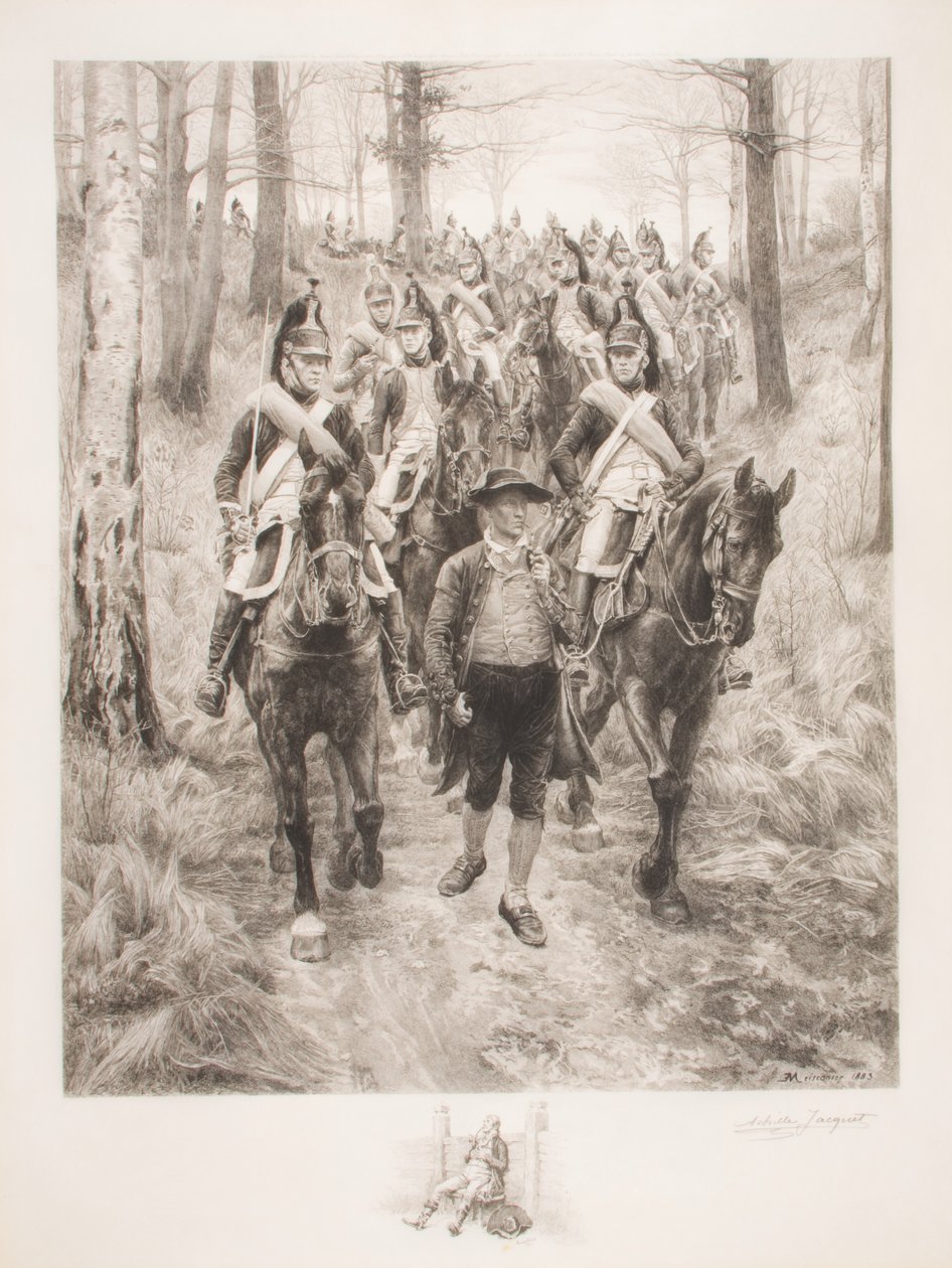 Ranskalainen ratsuväki matkustaa metsässä oppaan kanssa, kaiverrus Achilles Jacquet (1846-1908) tekijältä Jean Louis Ernest Meissonier