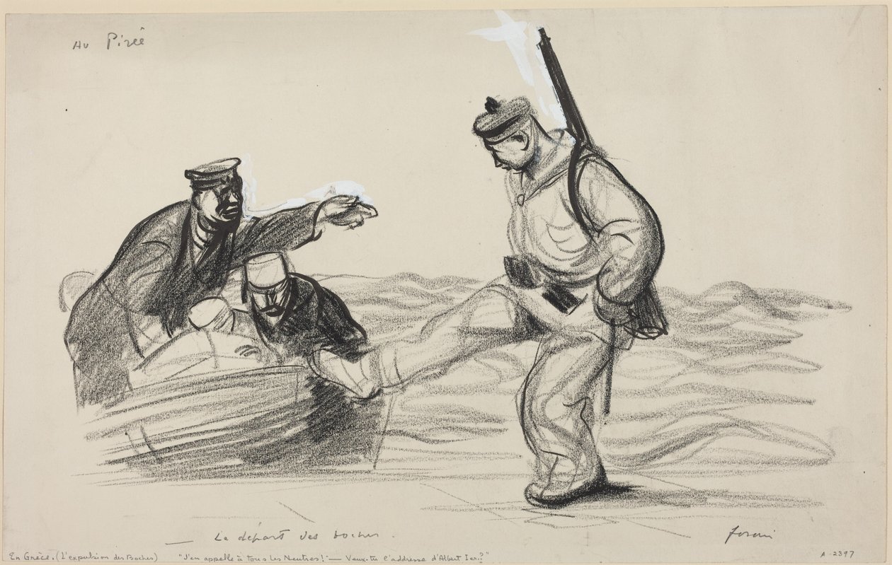 Au Piree. -Le depart des boches., 1914-1919 (piirustus). tekijältä Jean-Louis & Caran D